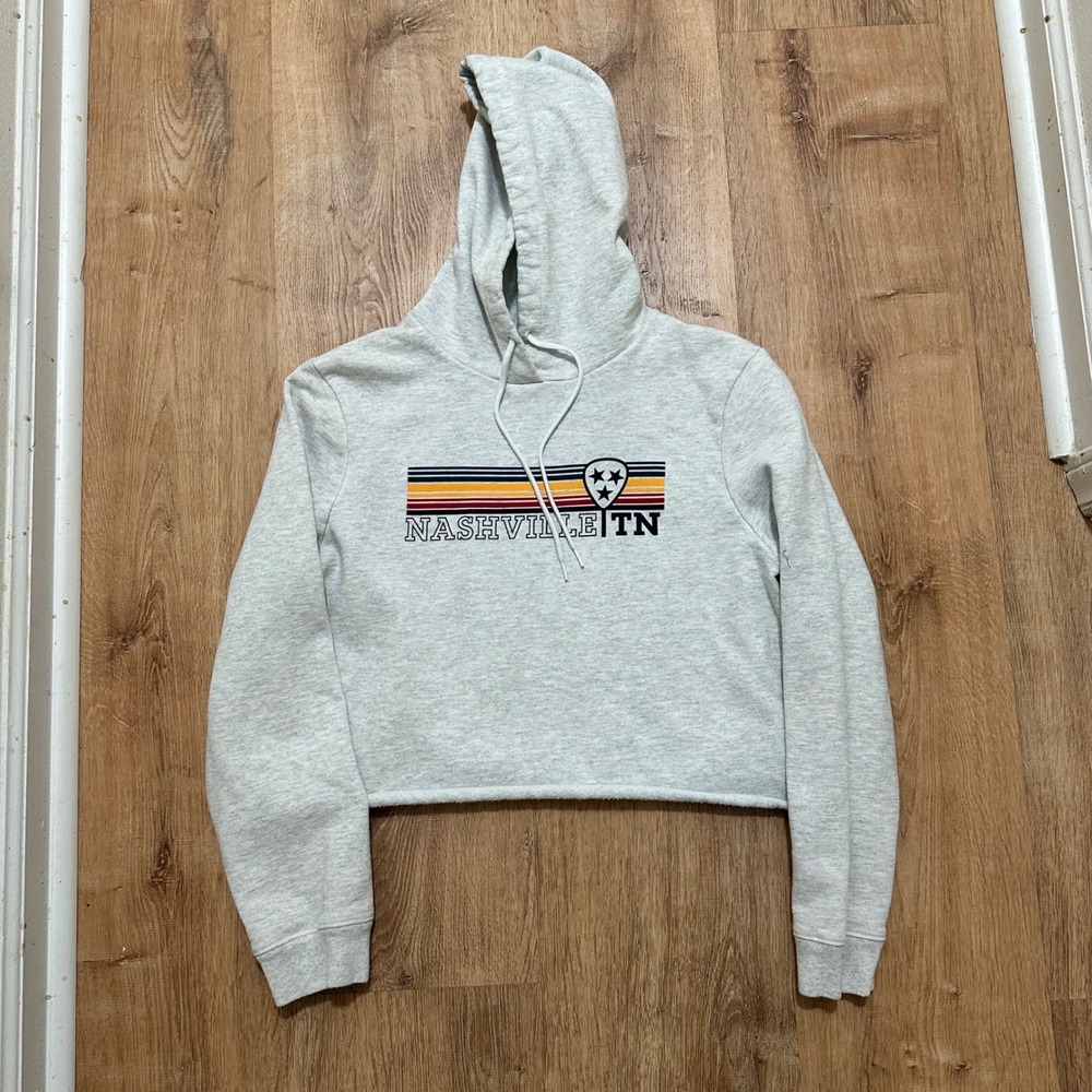 League‎ | Women's Gray Nashville TN Cropped Striped Graphic Hoodie Sweatshirt, M